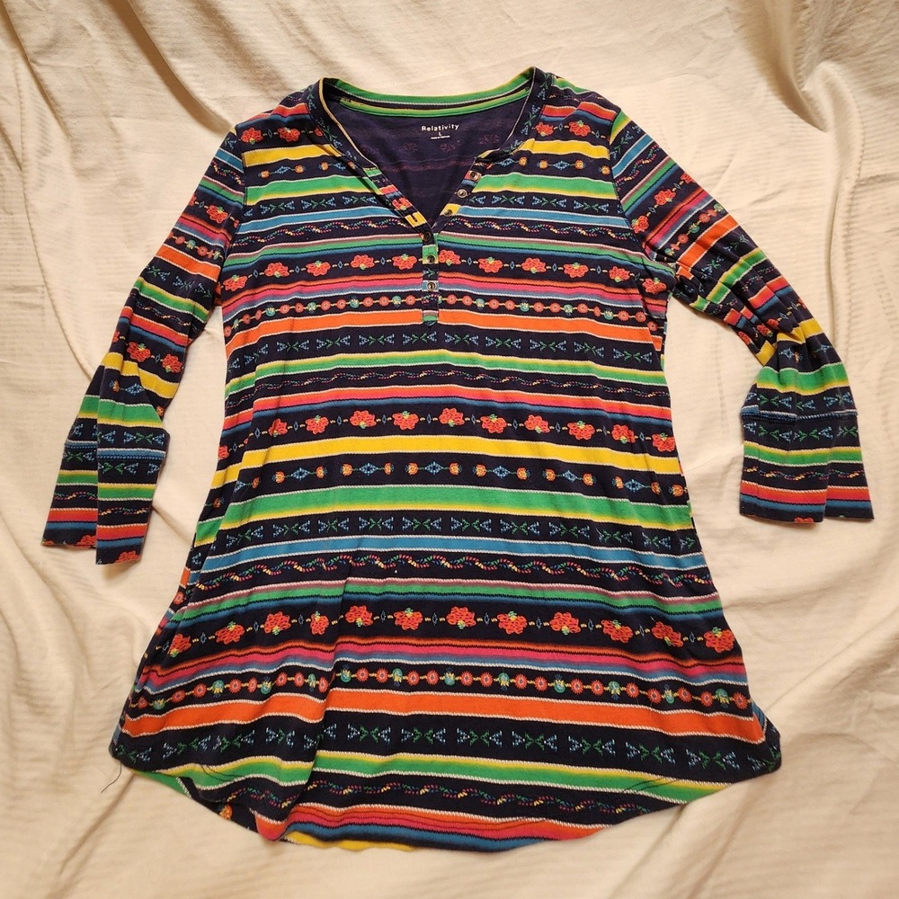 Boho Striped Henley Top Floral Fair Isle Knit Shirt Large